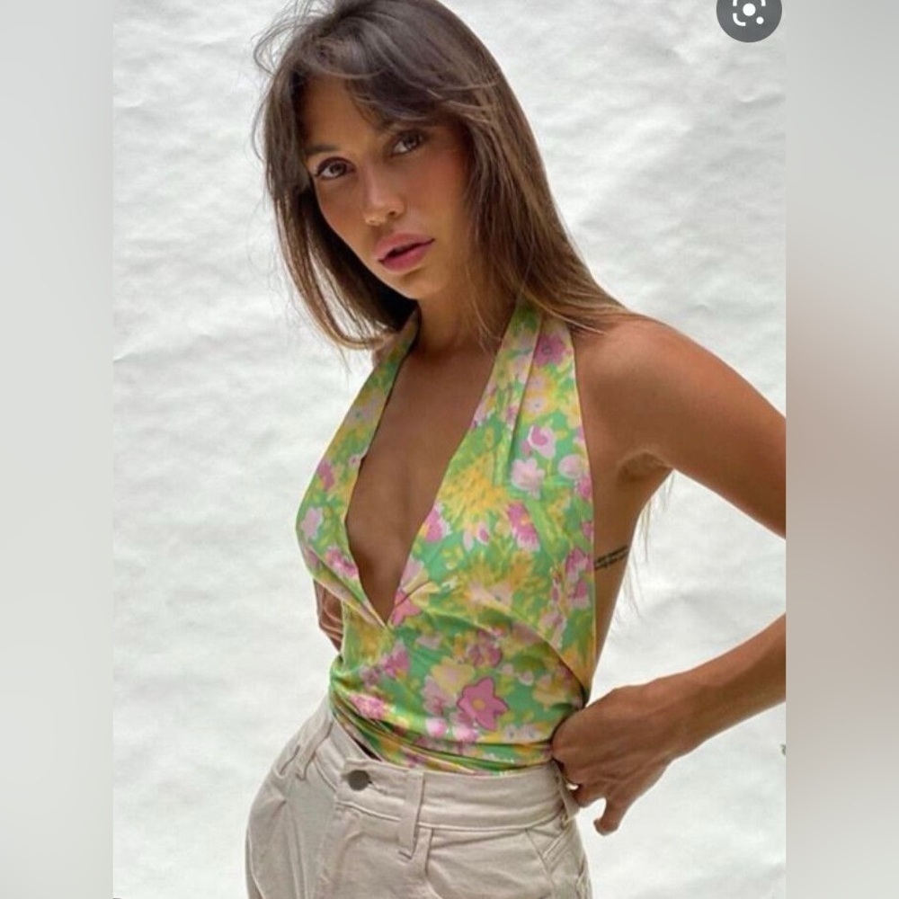 With Jean Rendezvous Floral Halter Wrap Top in Honeysuckle